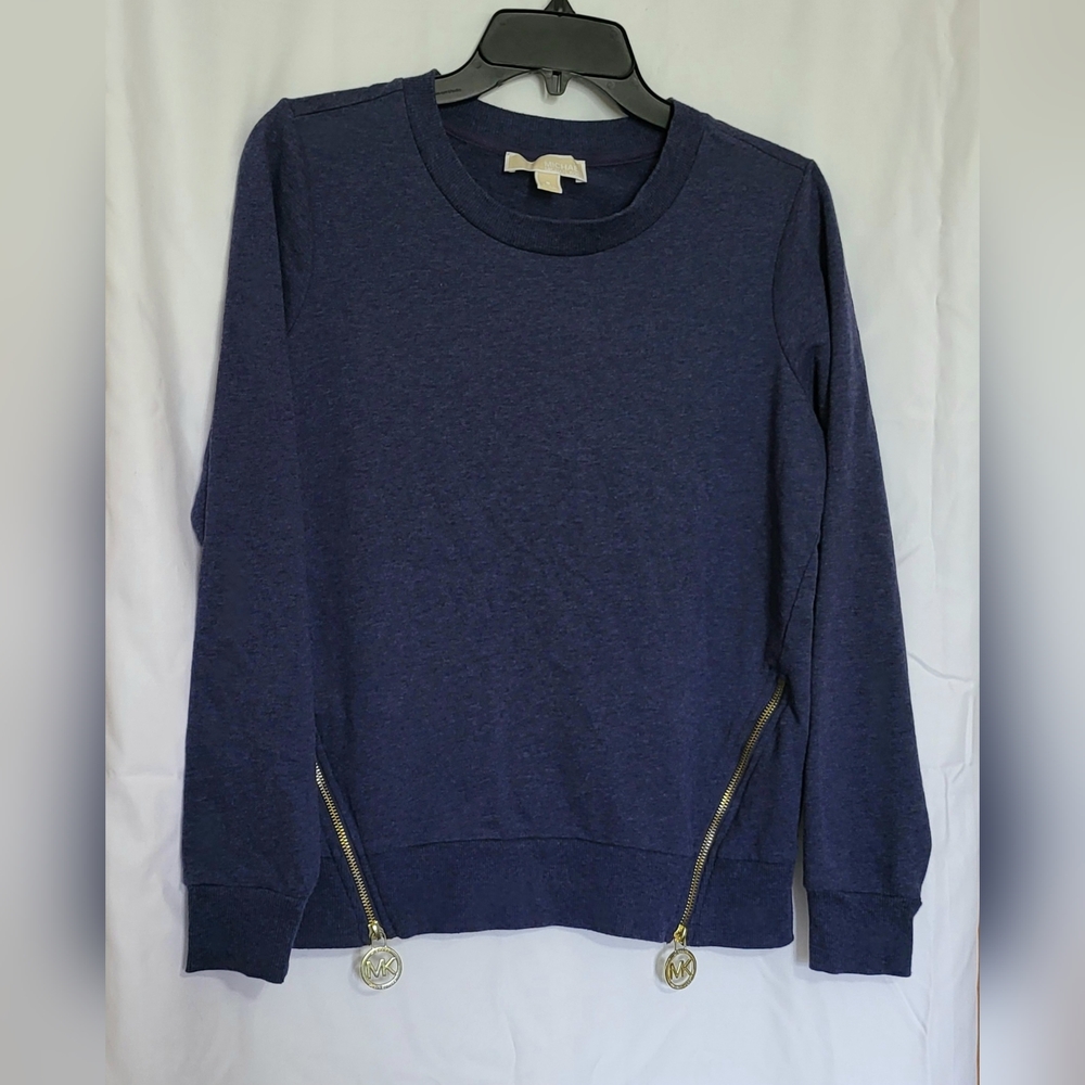 MICHAEL Michael Kors Womens True Navy Long‎ Sleeve MK Gold Zip Sweatshirt Small
